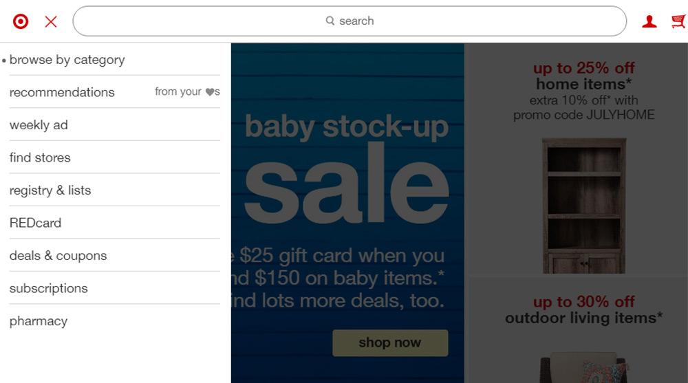 target shopping website navigation