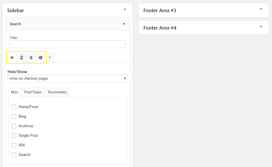 The four new tabs added by Widget Options.